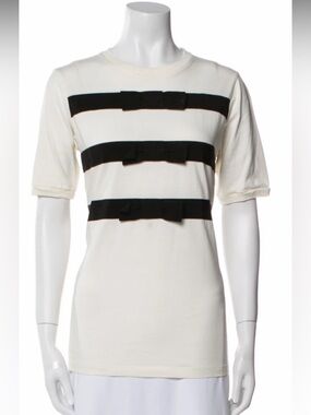 Nina Ricci Crew Neck Short-Sleeve Top with Black Grosgrain Bow Stripes